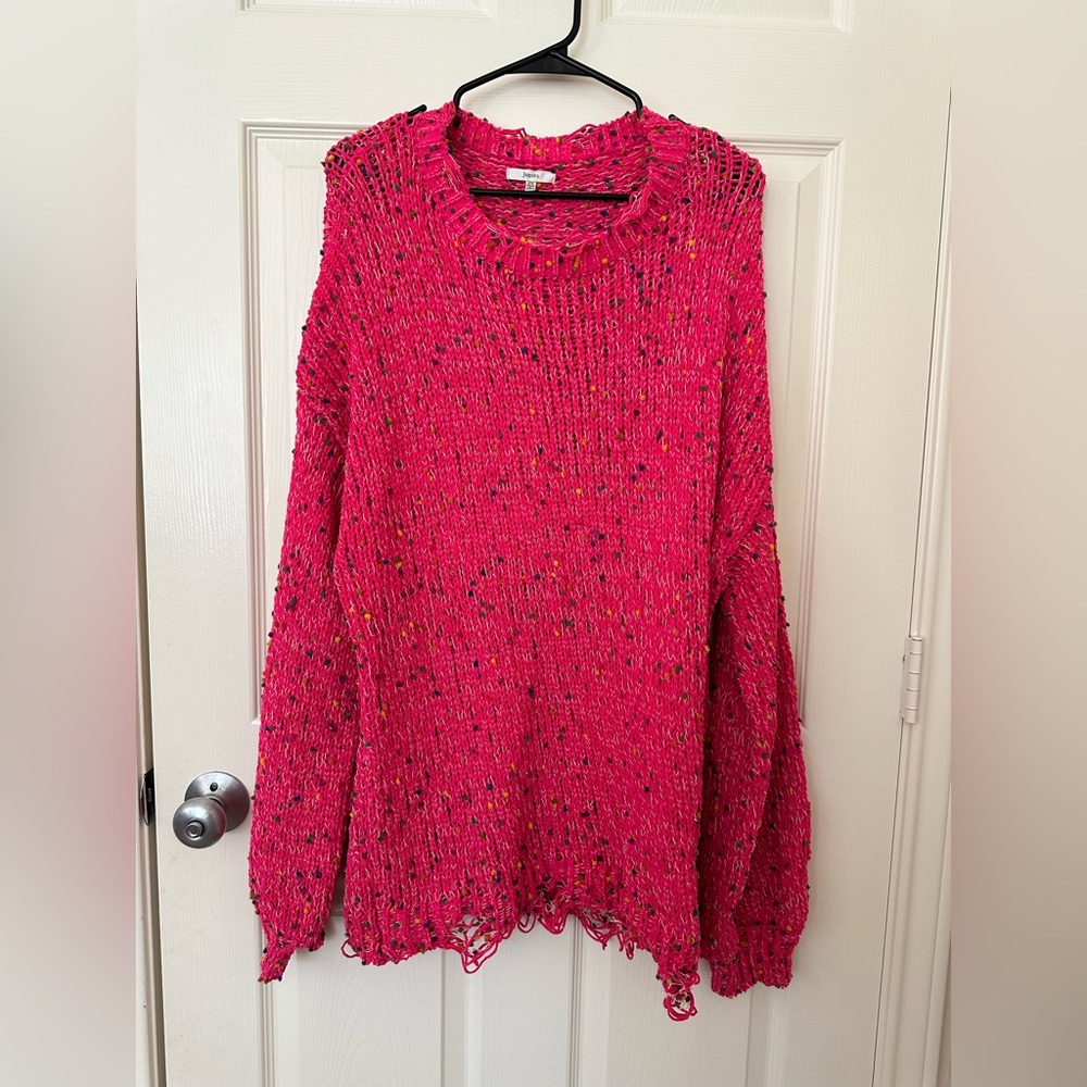 Jodifl 2X Pink/Multicolor Sweater With Distressing, Valentines Day Sweater
